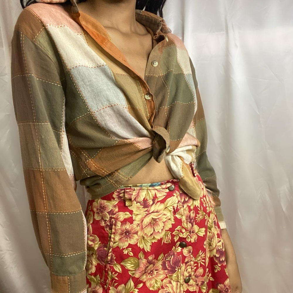 Vintage Patchwork Shirt Green, Cream, Orange Sz S